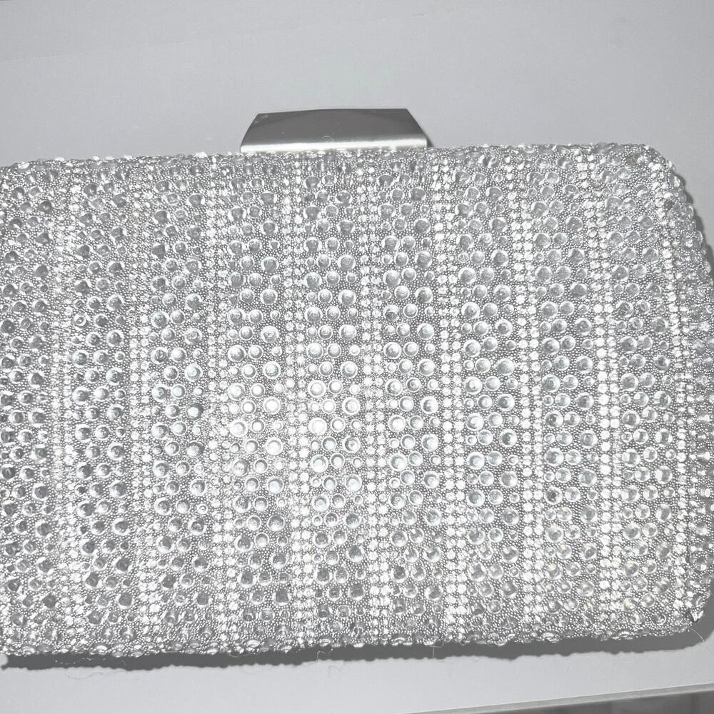 Ranias Collection silver glitter clear rhinestone gold contrast evening clutch
